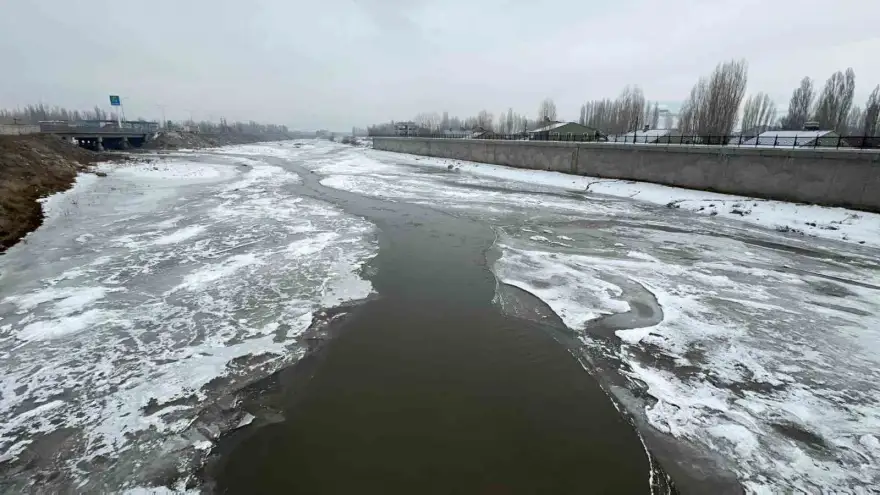 Ağrı’da dondurucu soğuklar nedeniyle Murat Nehri buz tuttu