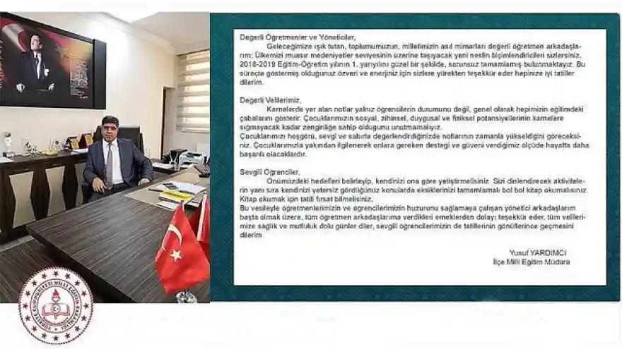 DOĞUBAYAZIT MİLLİ EĞİTİM MÜDÜRÜ YUSUF YARDIMCI'DAN KARNE MESAJI
