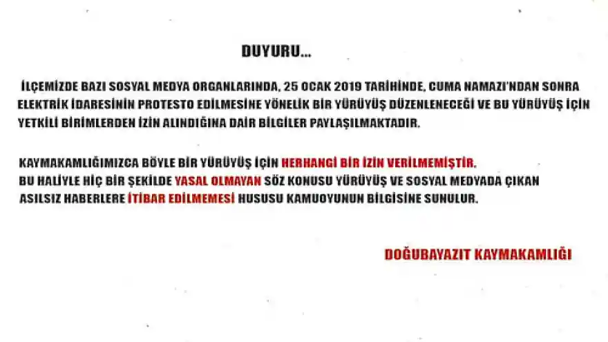 DOĞUBAYAZIT KAYMAKAMLIĞINDAN DUYURU