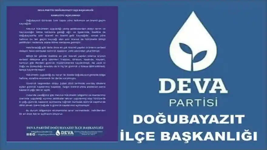 Deva Partisi Doğubayazıt İlçe Başkanlığının Kamuoyu Açıklaması