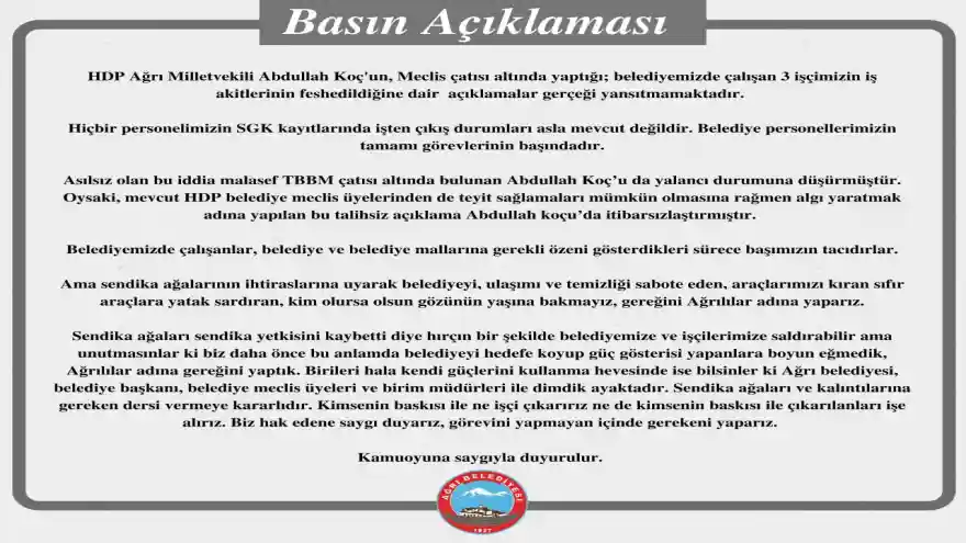 Ağrı Belediyesi Basın Açıklaması Yaptı