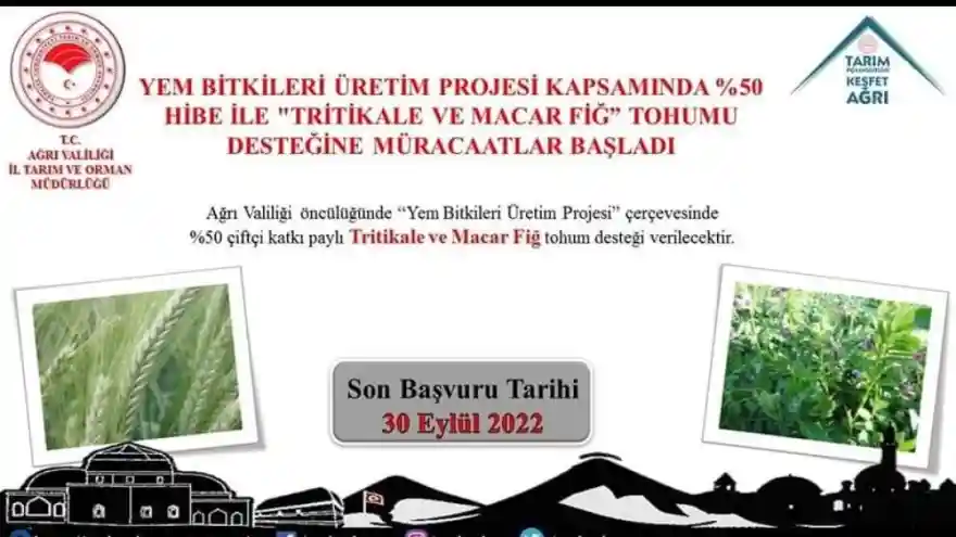Ağrılı çiftçilere %50 hibeli Tritikale ve Macar Fiğ tohum desteği başvuruları başladı
