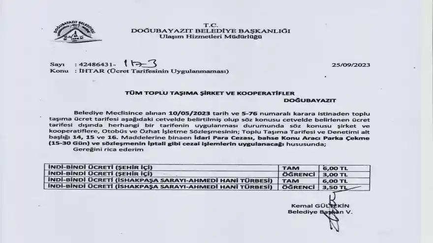 DOĞUBAYAZIT BELEDİYESİ BİR DUYURU PAYLAŞTI