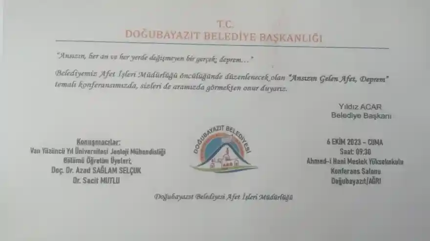 Doğubayazıt’ta Deprem konferansı düzenlenecek